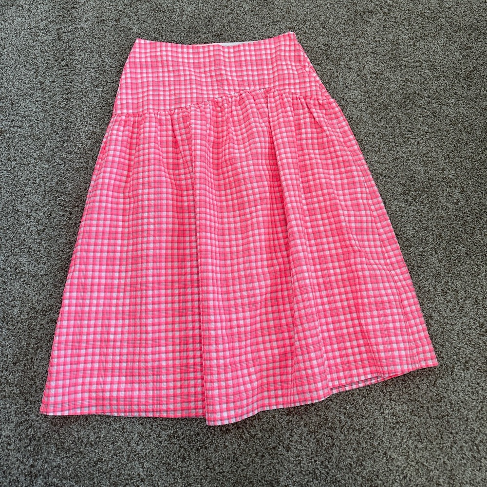 NWT Top Shop Seersucker Bright Pink Gingham Neon Maxi Skirt Sze 10 Drop Waist - Picture 3 of 8